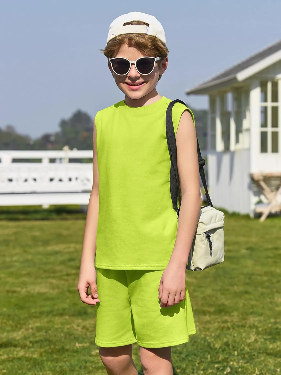 Haloumoning Boys 2 Piece Summer Outfits Short Sets Kids Tank Tops and Elastic Waist Shorts with Pockets 5-14 Years
