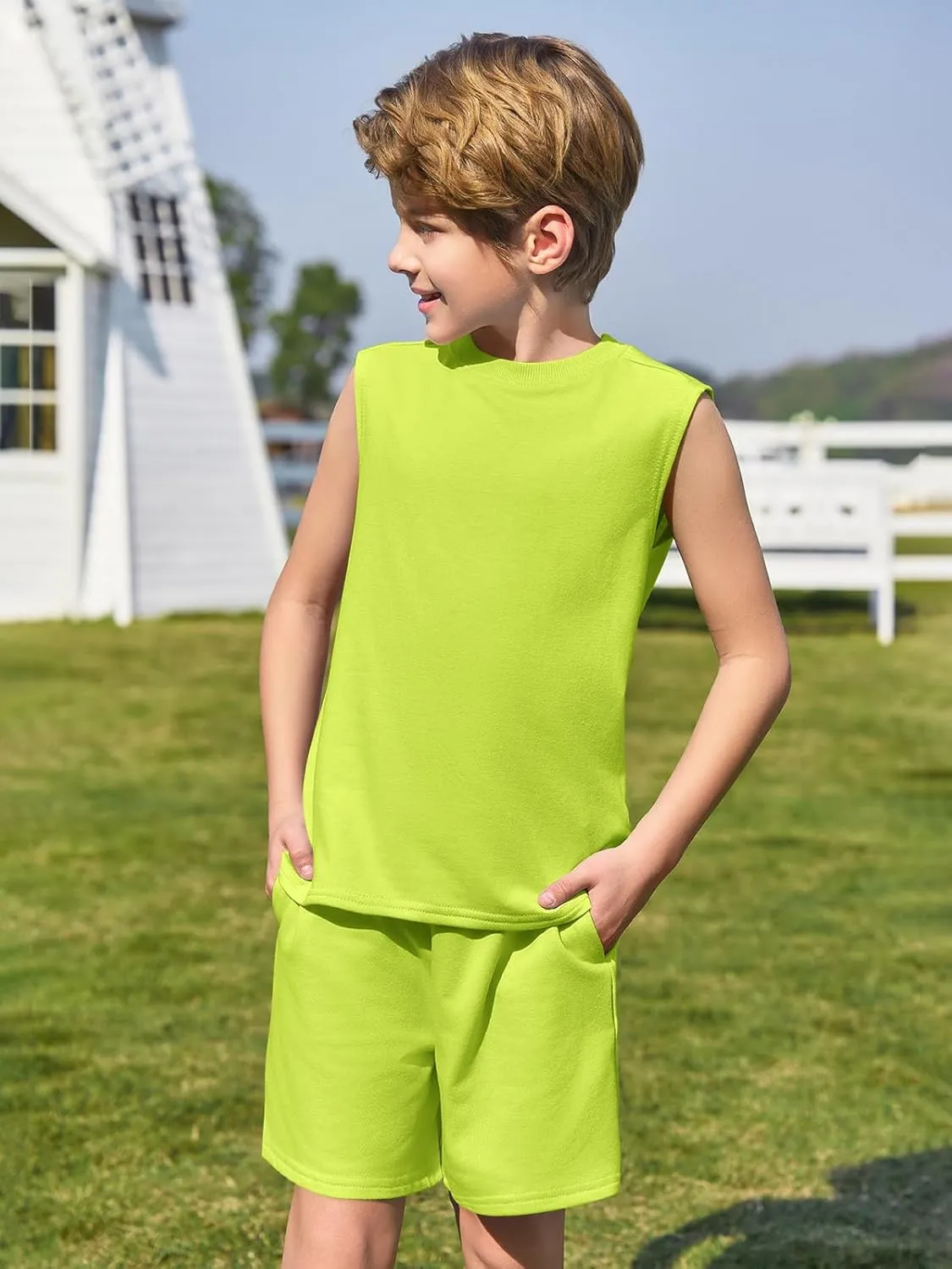 Haloumoning Boys 2 Piece Summer Outfits Short Sets Kids Tank Tops and Elastic Waist Shorts with Pockets 5-14 Years