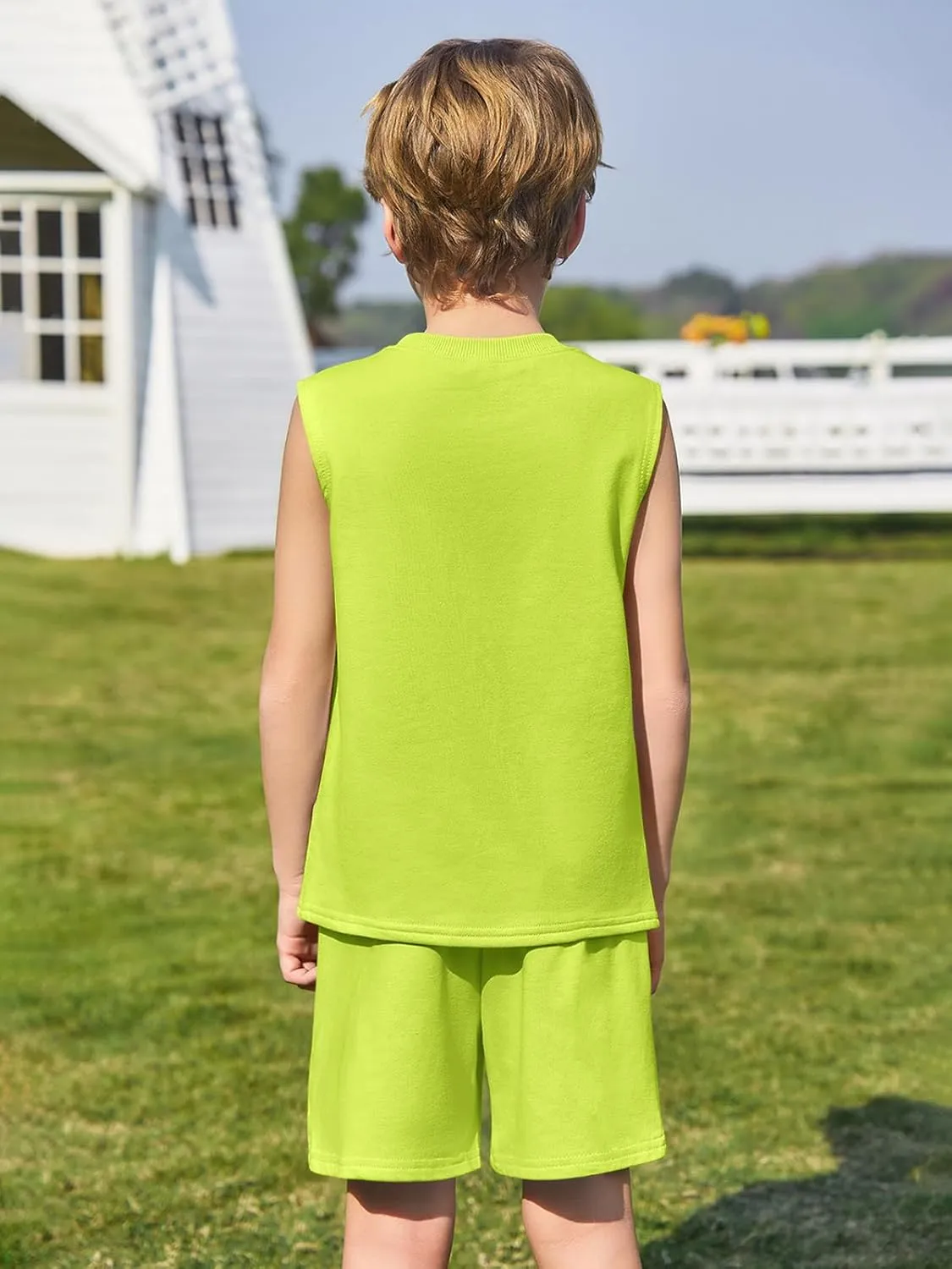 Haloumoning Boys 2 Piece Summer Outfits Short Sets Kids Tank Tops and Elastic Waist Shorts with Pockets 5-14 Years