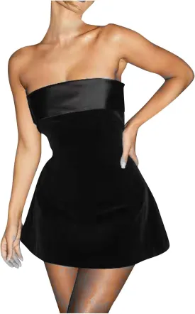 HGps8w Women Elegant Velvet Satin Tube Mini Dress Sexy Strapless Off Shoulder Slim Flare Y2k Short Party Homecomming Dress