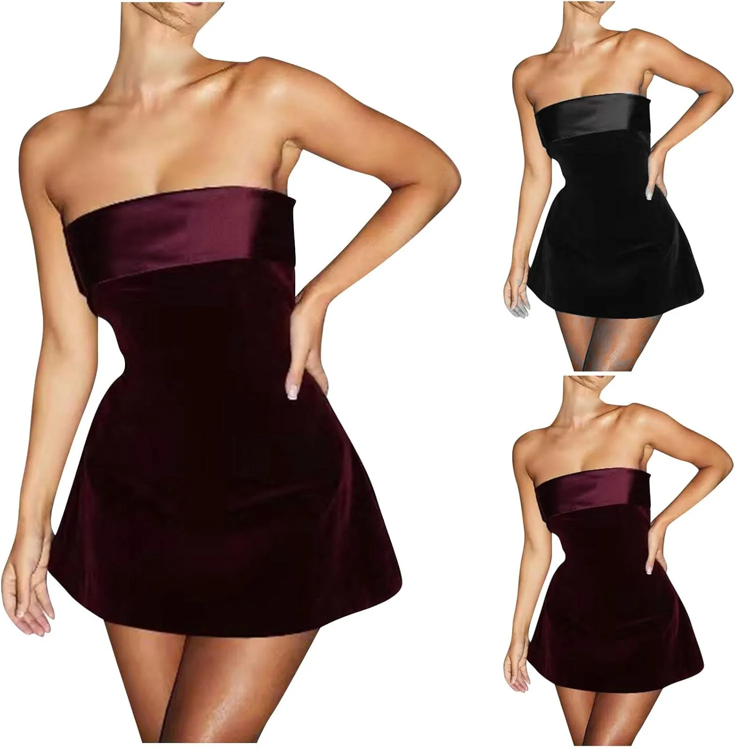 HGps8w Women Elegant Velvet Satin Tube Mini Dress Sexy Strapless Off Shoulder Slim Flare Y2k Short Party Homecomming Dress