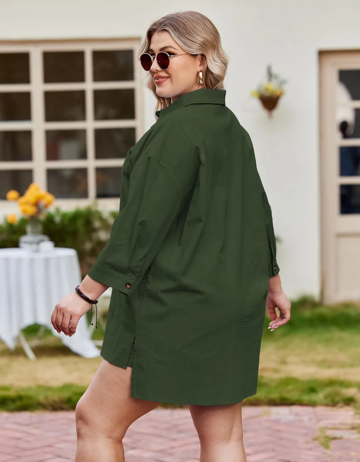 IN'VOLAND Plus Size Women's 2 Piece Outfits Cotton Linen 3/4 Sleeve High Low Shirt Drawstring Shorts Set Tracksuit