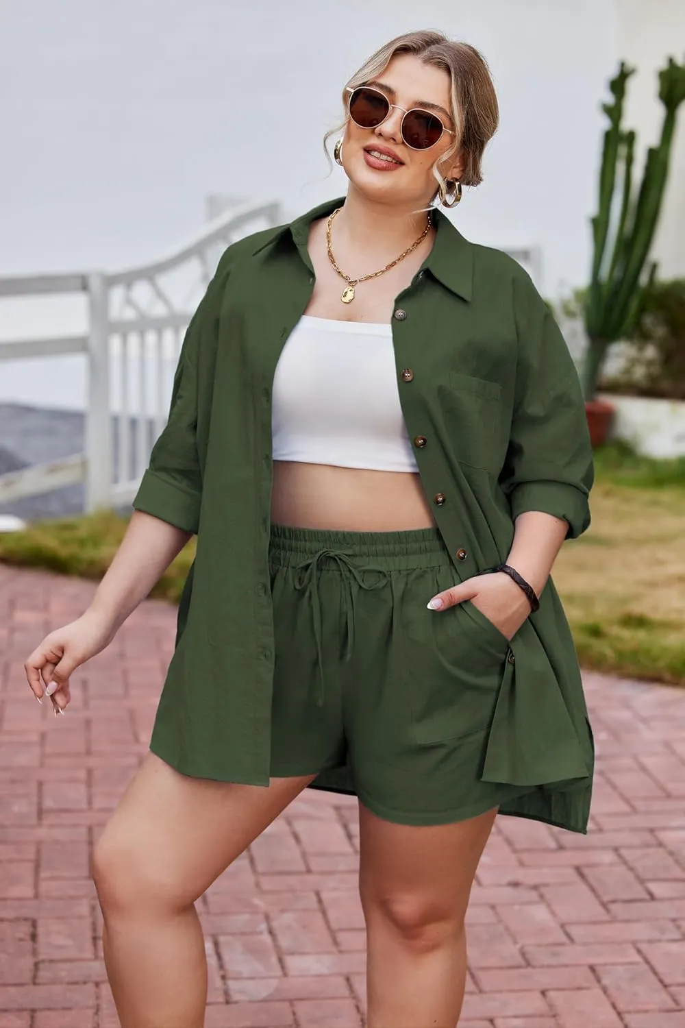 IN'VOLAND Plus Size Women's 2 Piece Outfits Cotton Linen 3/4 Sleeve High Low Shirt Drawstring Shorts Set Tracksuit