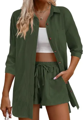 IN'VOLAND Plus Size Women's 2 Piece Outfits Cotton Linen 3/4 Sleeve High Low Shirt Drawstring Shorts Set Tracksuit