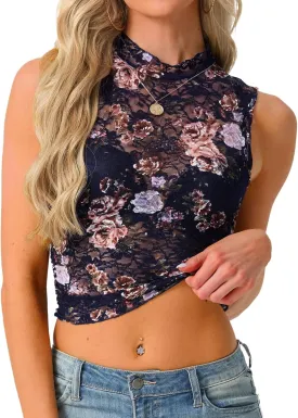 IWOLLENCE Women's Lace Cropped Tank Tops Mock Neck Sleeveless Ruched Side Sheer Shirts Slim Fit