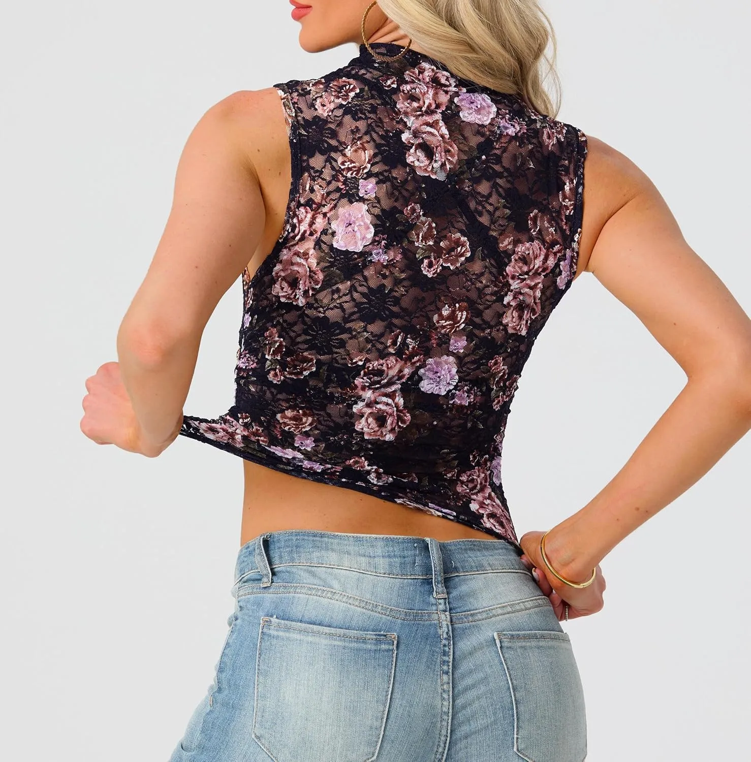IWOLLENCE Women's Lace Cropped Tank Tops Mock Neck Sleeveless Ruched Side Sheer Shirts Slim Fit