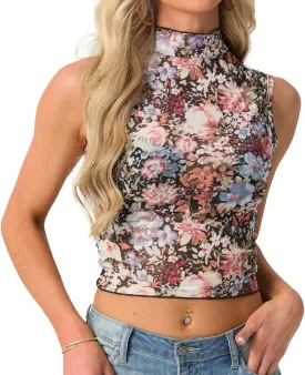 IWOLLENCE Women's Lace Cropped Tank Tops Mock Neck Sleeveless Ruched Side Sheer Shirts Slim Fit