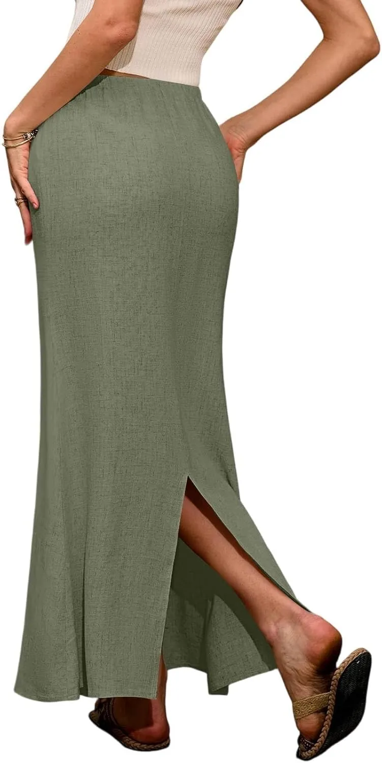 Linen Skirts for Women Trendy Summer Boho Maxi Skirts with Back Slit Casual Elastic Waist Drawstring Long Flowy Skirt
