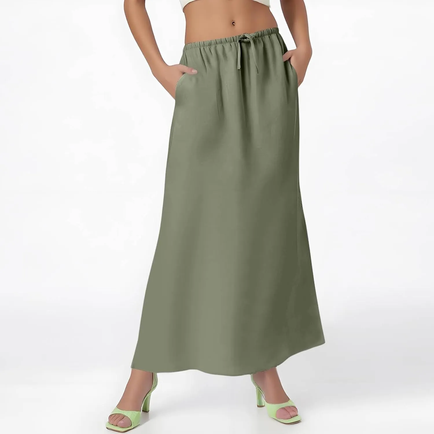 Linen Skirts for Women Trendy Summer Boho Maxi Skirts with Back Slit Casual Elastic Waist Drawstring Long Flowy Skirt