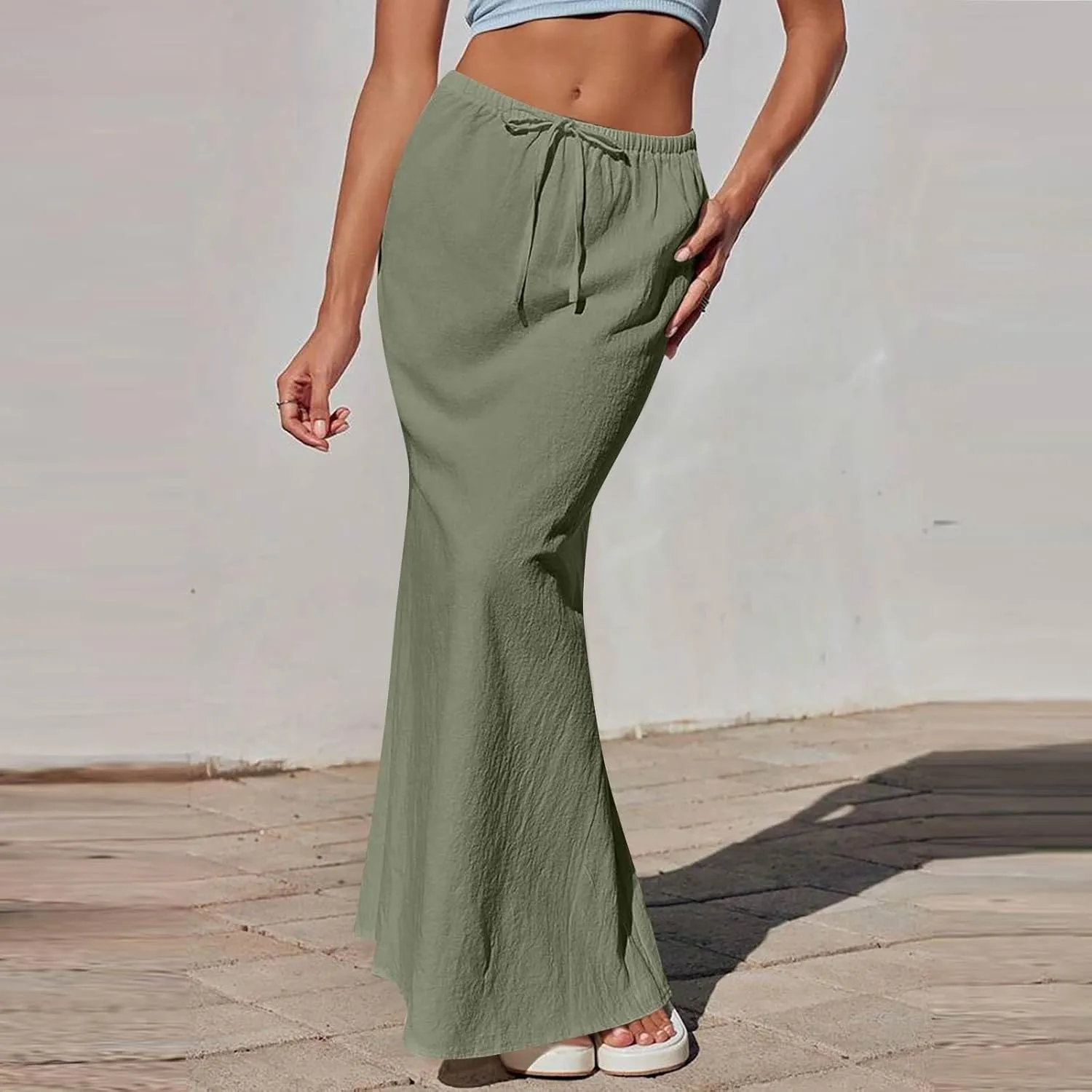 Linen Skirts for Women Trendy Summer Boho Maxi Skirts with Back Slit Casual Elastic Waist Drawstring Long Flowy Skirt