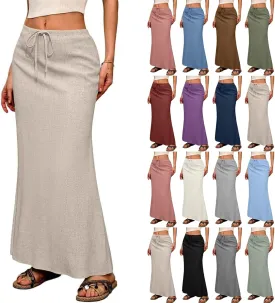 Linen Skirts for Women Trendy Summer Boho Maxi Skirts with Back Slit Casual Elastic Waist Drawstring Long Flowy Skirt