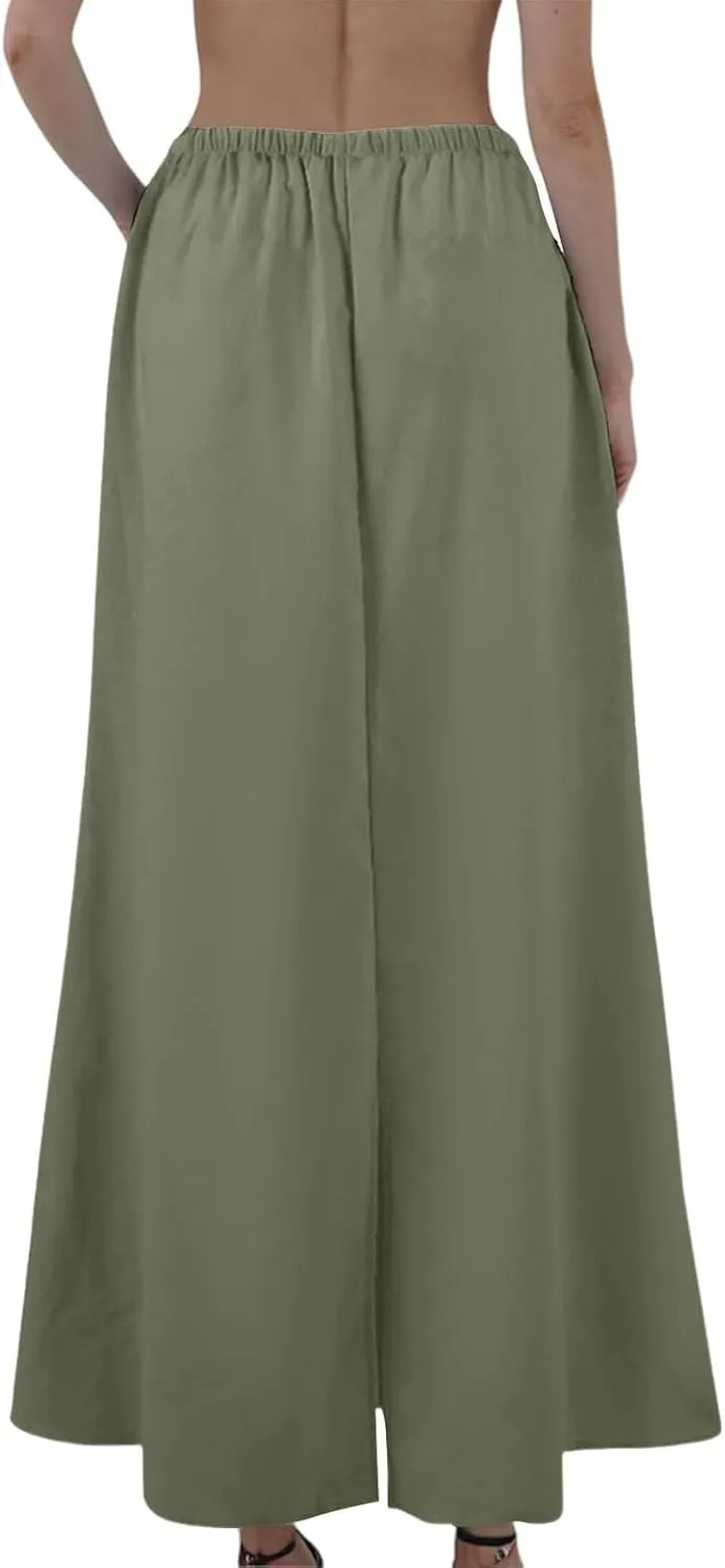 Linen Skirts for Women Trendy Summer Boho Maxi Skirts with Back Slit Casual Elastic Waist Drawstring Long Flowy Skirt