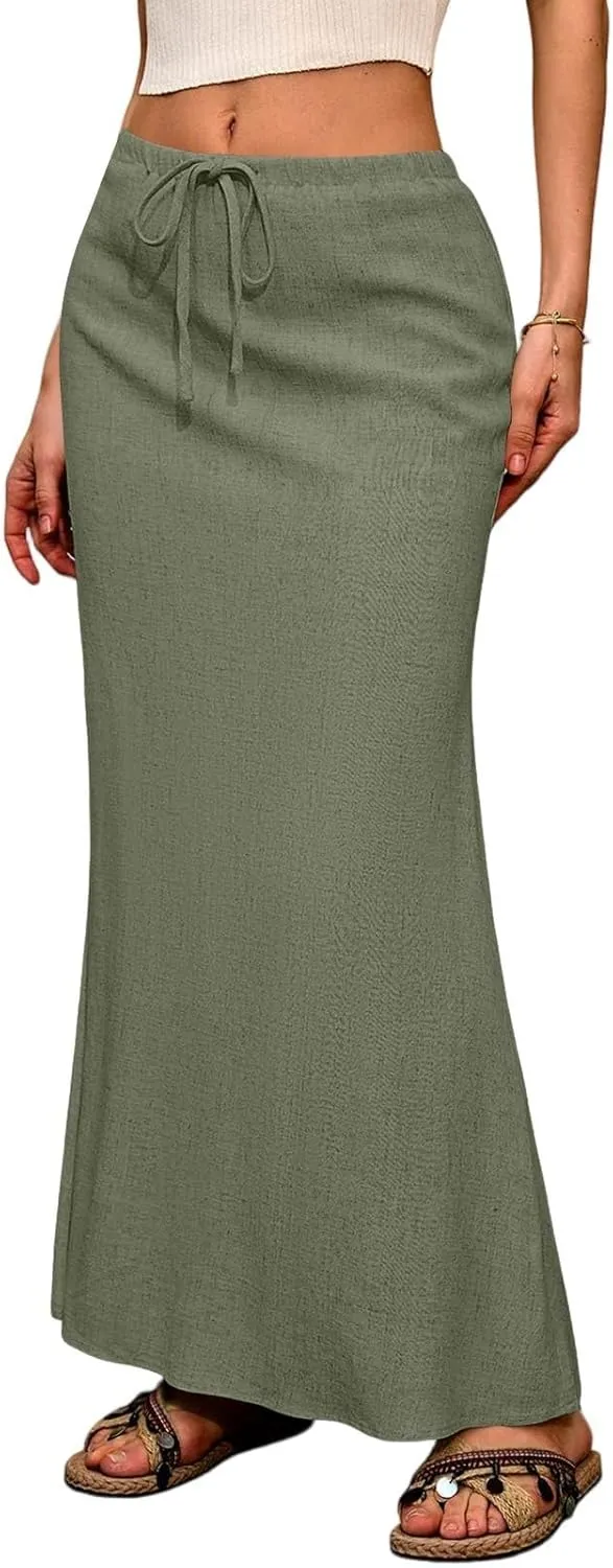 Linen Skirts for Women Trendy Summer Boho Maxi Skirts with Back Slit Casual Elastic Waist Drawstring Long Flowy Skirt