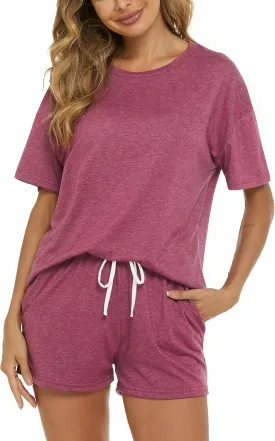 LOCUBE Women's Short Pajama Set Comfy Summer Loungewear, Short Sleeve Top and Pocketed Drawstring Shorts