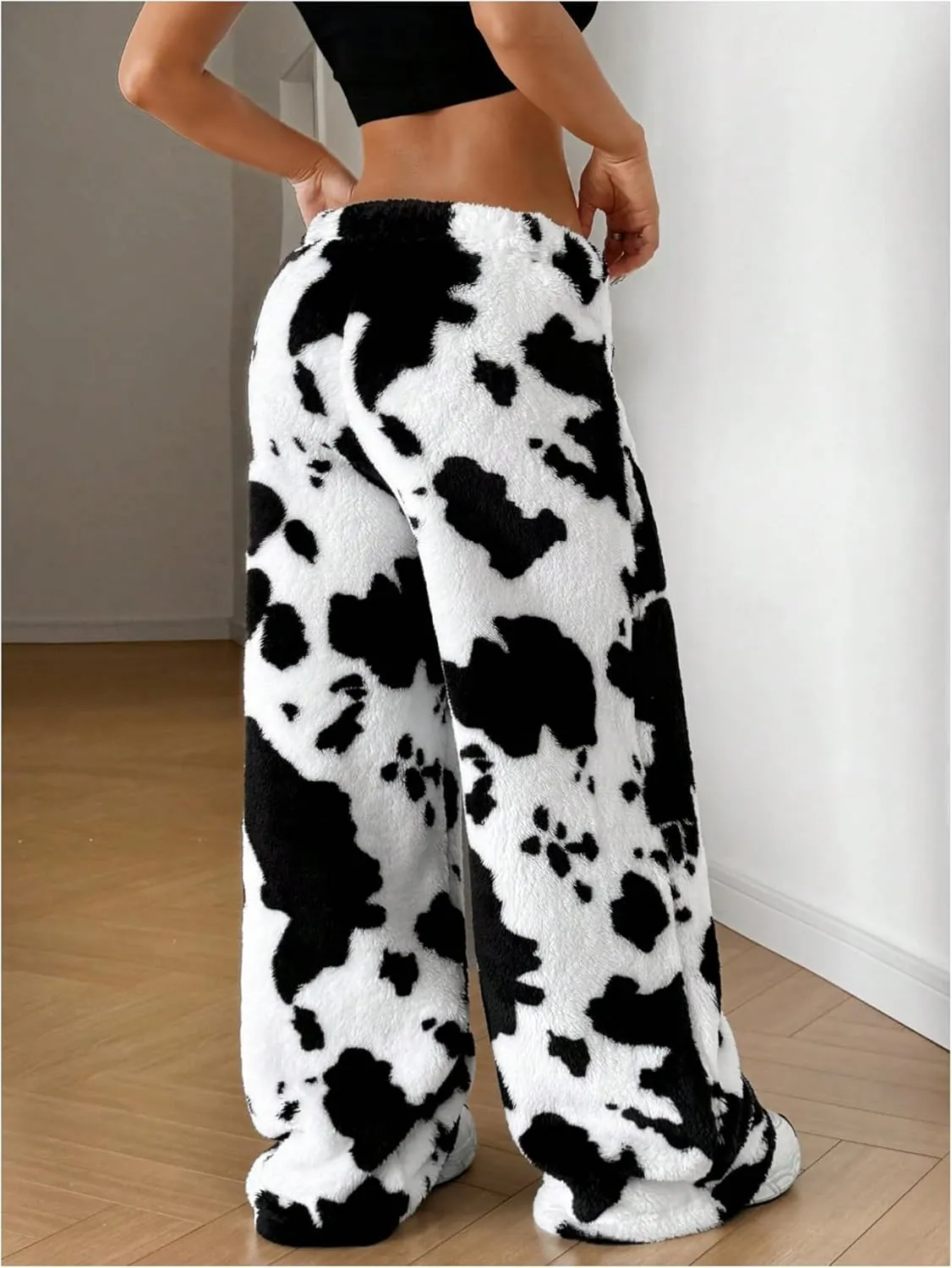 MakeMeChic Women's Fuzzy Drawstring Teddy Trousers Wide Leg Pants Loungewear