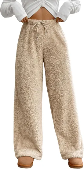 MakeMeChic Women's Fuzzy Drawstring Teddy Trousers Wide Leg Pants Loungewear