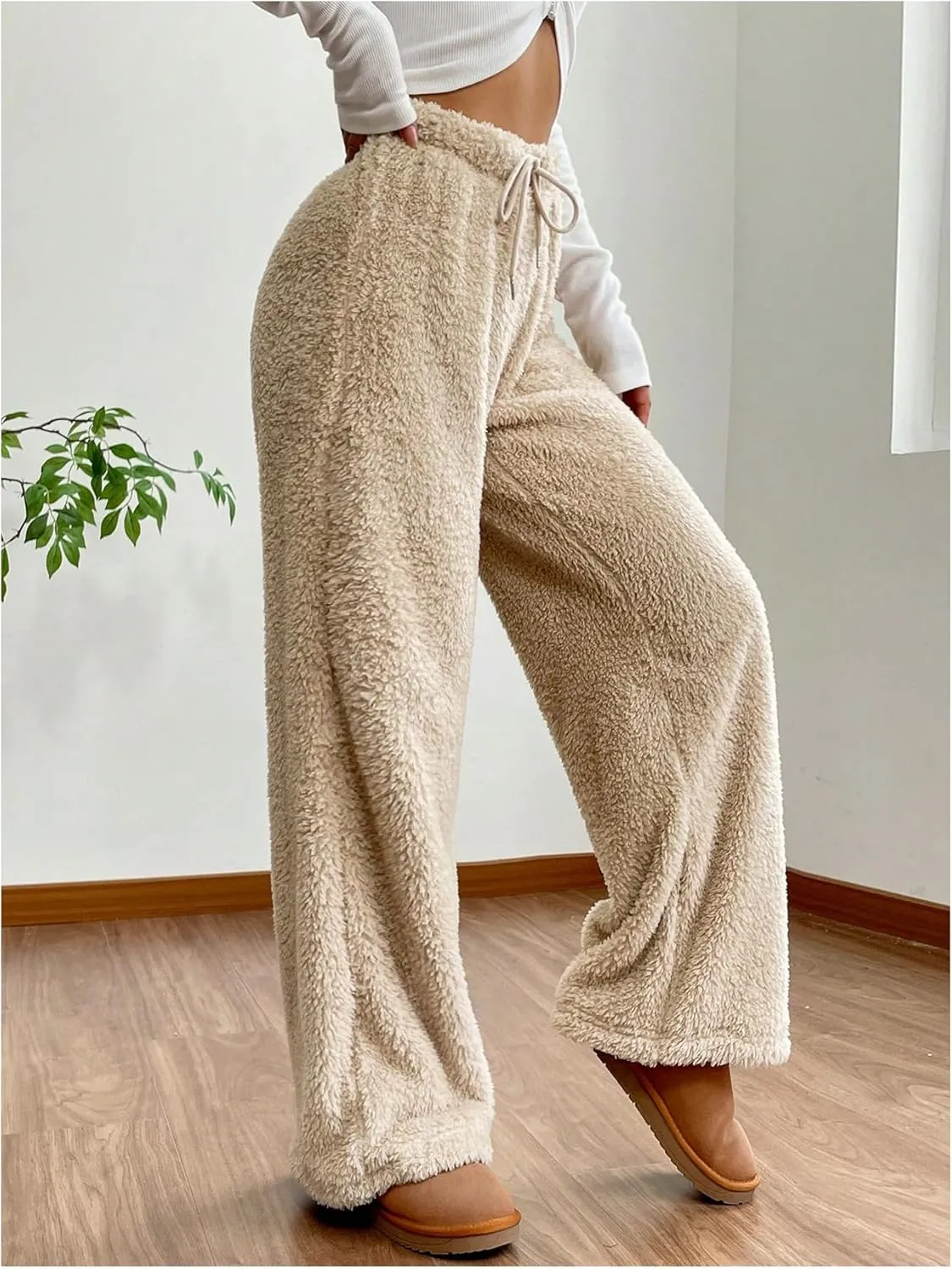 MakeMeChic Women's Fuzzy Drawstring Teddy Trousers Wide Leg Pants Loungewear