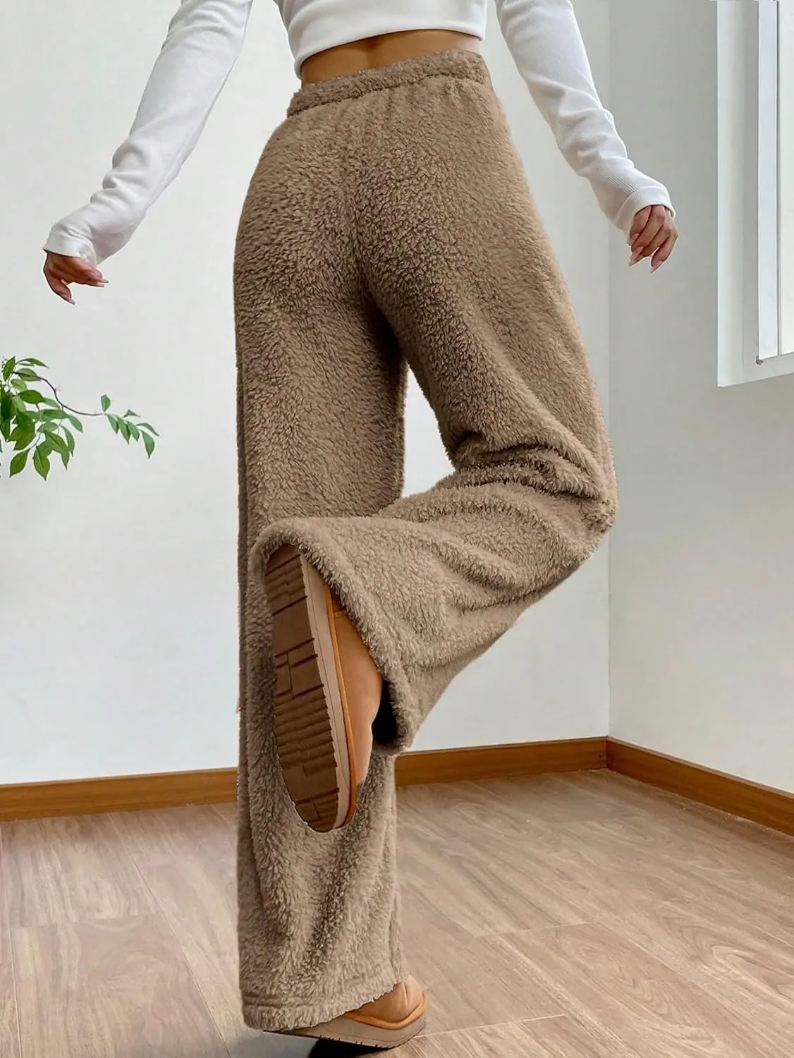 MakeMeChic Women's Fuzzy Drawstring Teddy Trousers Wide Leg Pants Loungewear