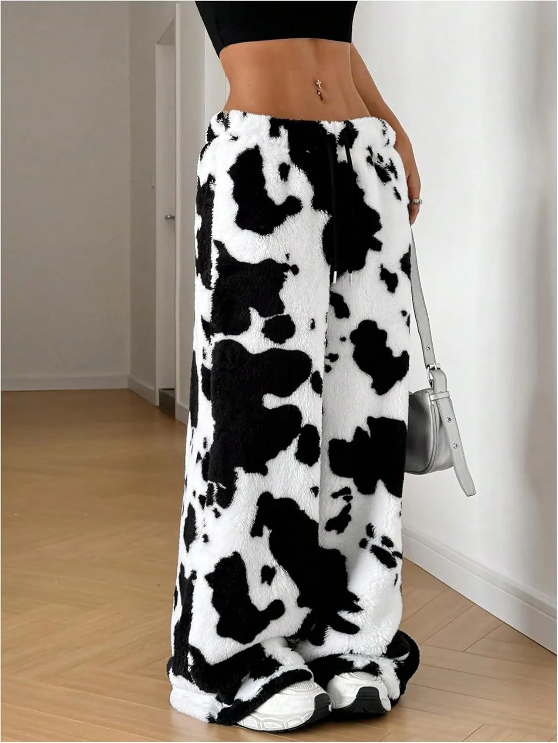 MakeMeChic Women's Fuzzy Drawstring Teddy Trousers Wide Leg Pants Loungewear
