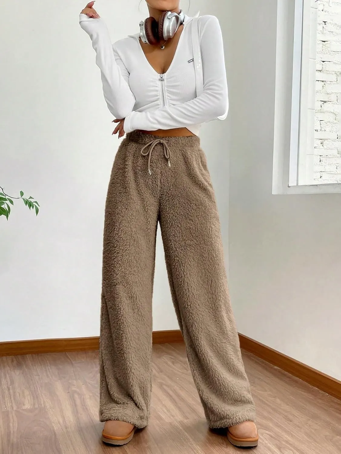 MakeMeChic Women's Fuzzy Drawstring Teddy Trousers Wide Leg Pants Loungewear
