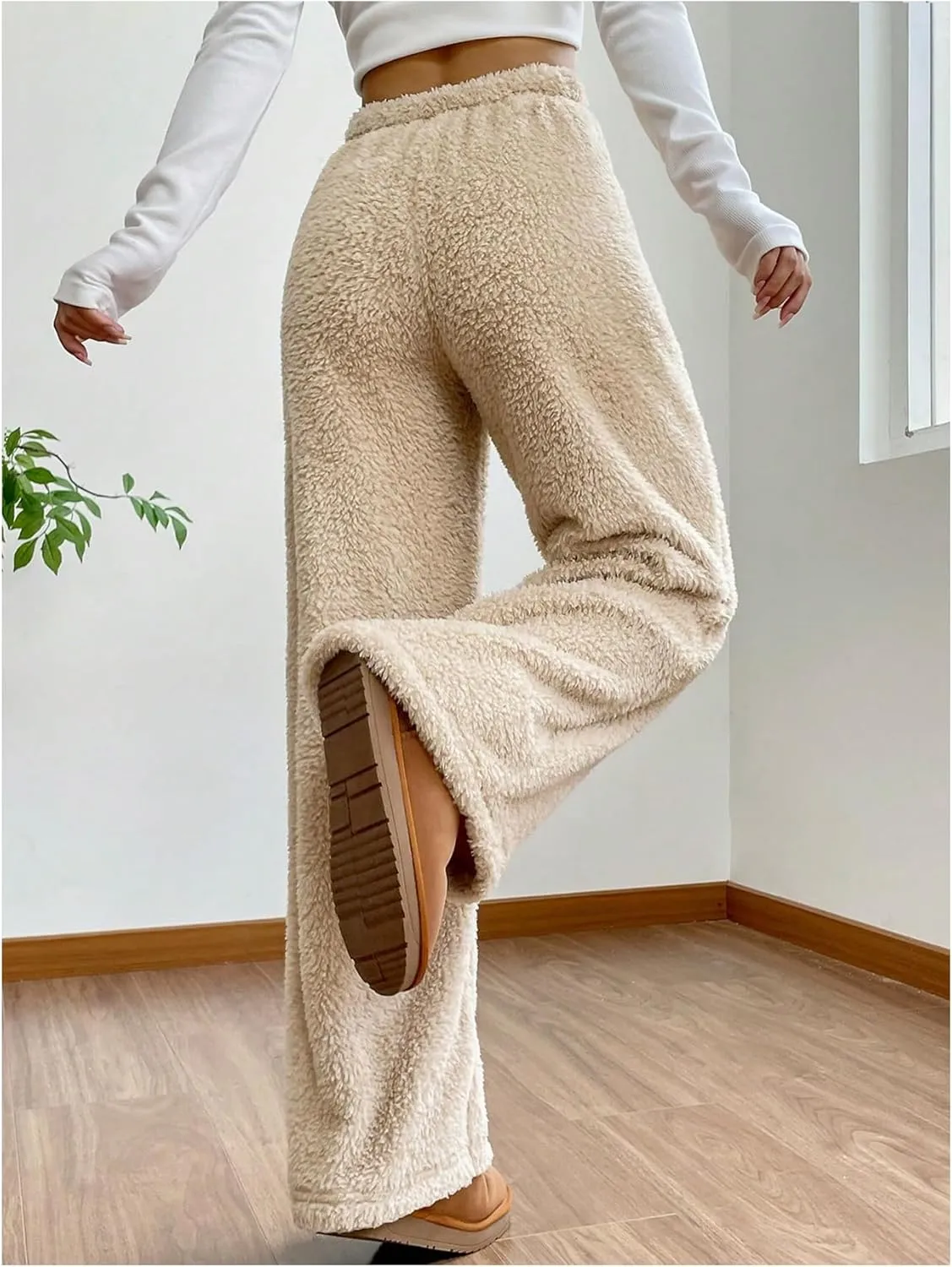 MakeMeChic Women's Fuzzy Drawstring Teddy Trousers Wide Leg Pants Loungewear