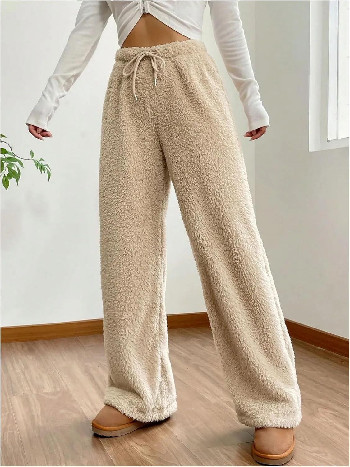 MakeMeChic Women's Fuzzy Drawstring Teddy Trousers Wide Leg Pants Loungewear
