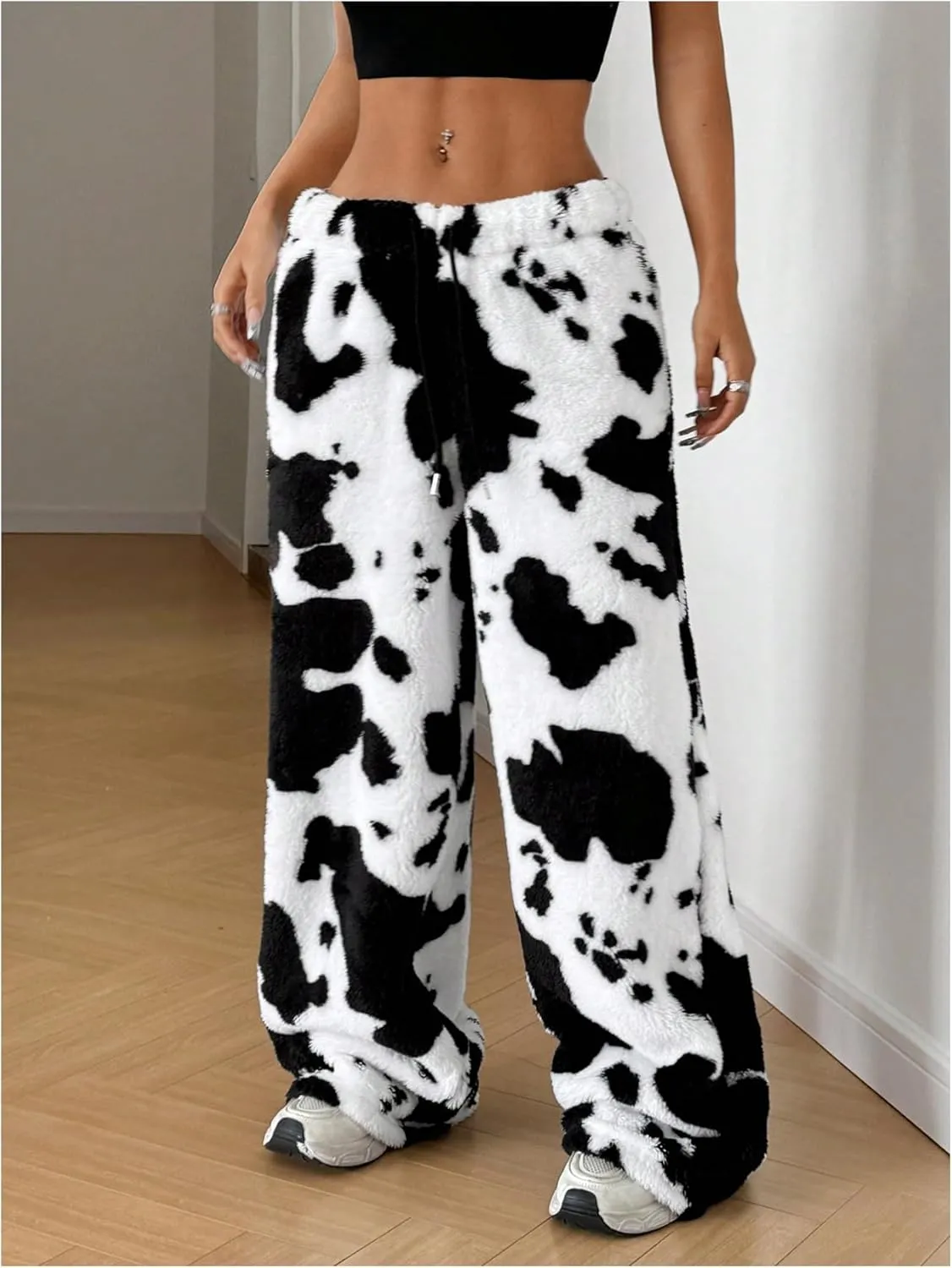 MakeMeChic Women's Fuzzy Drawstring Teddy Trousers Wide Leg Pants Loungewear