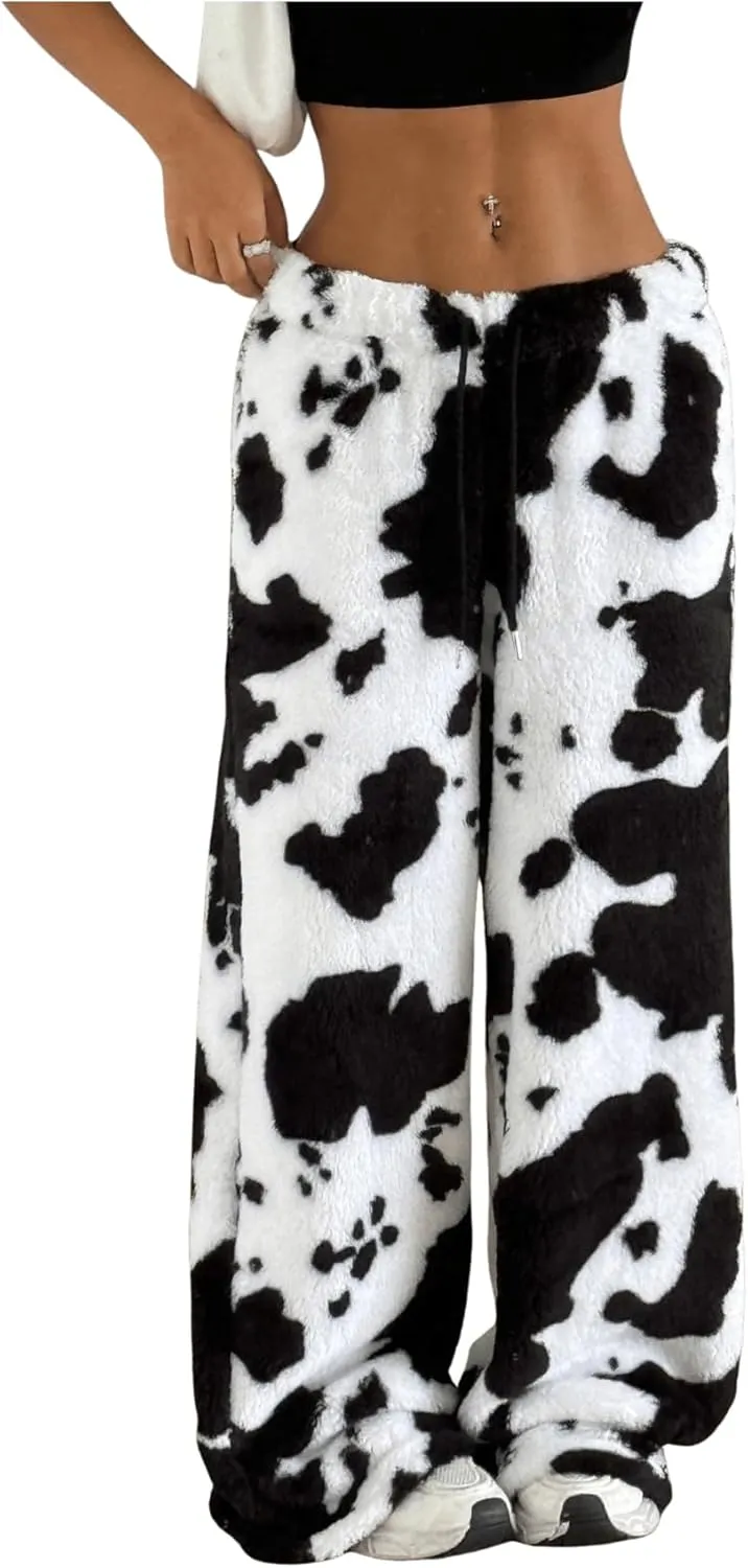 MakeMeChic Women's Fuzzy Drawstring Teddy Trousers Wide Leg Pants Loungewear