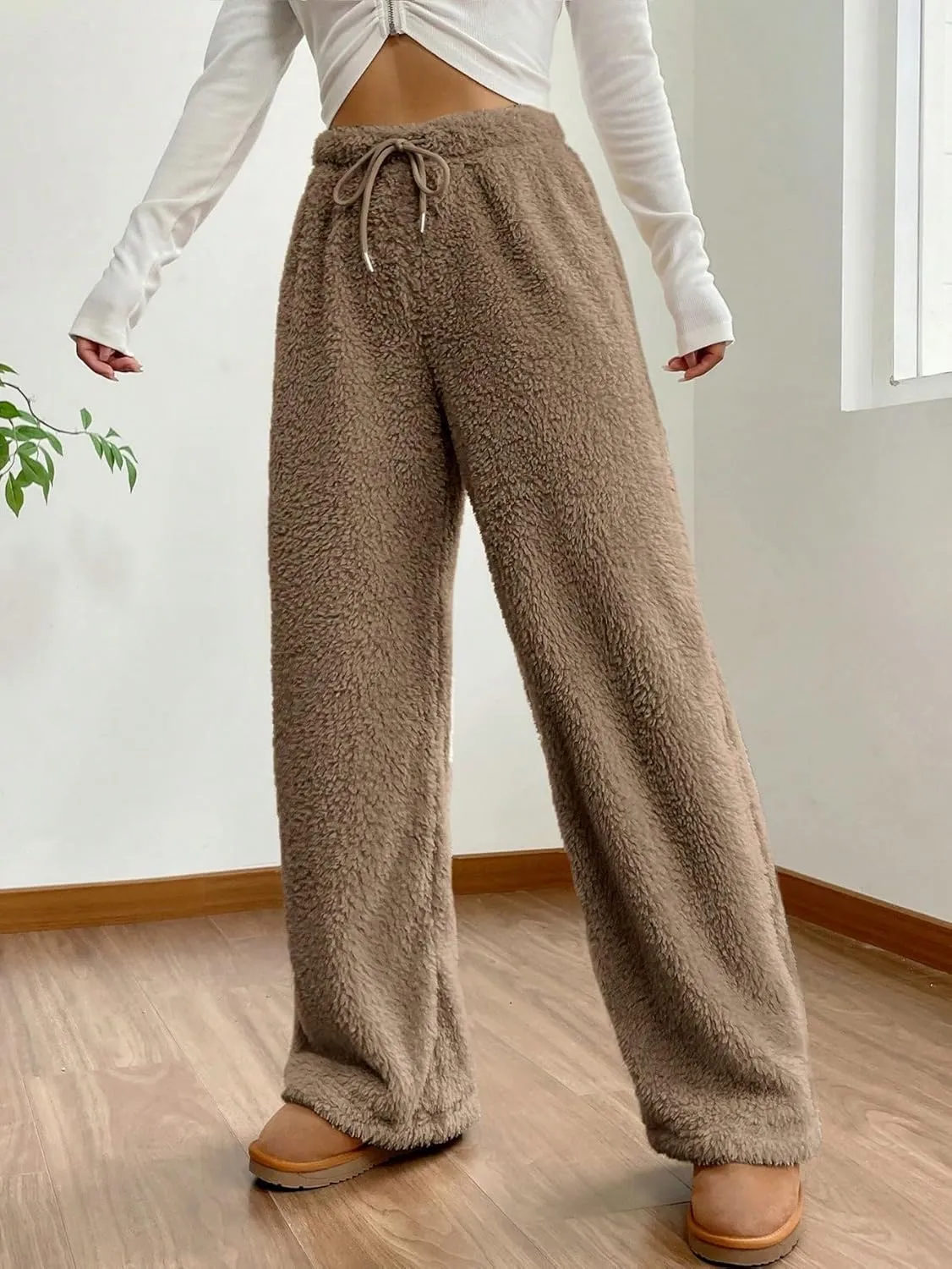 MakeMeChic Women's Fuzzy Drawstring Teddy Trousers Wide Leg Pants Loungewear