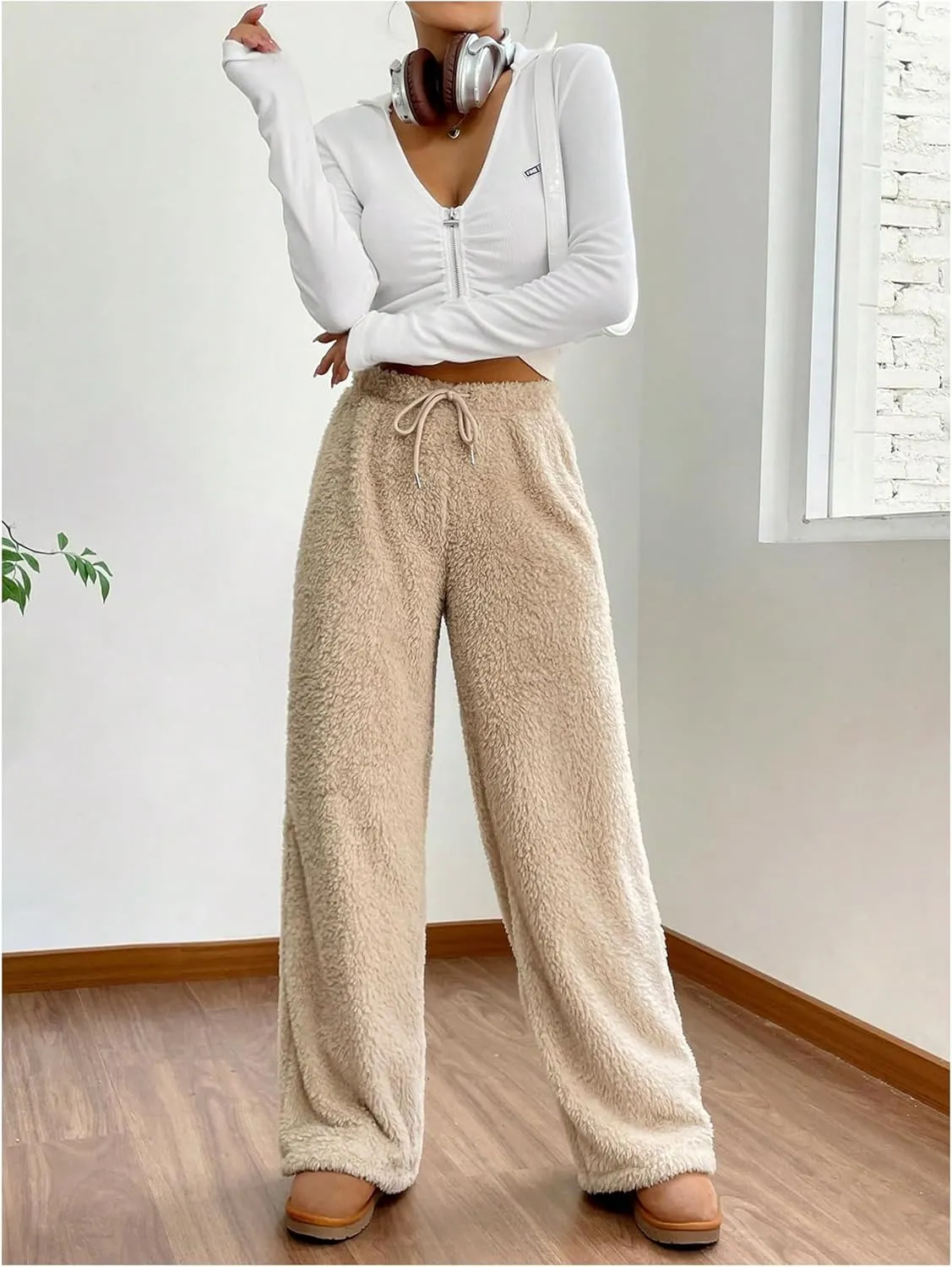 MakeMeChic Women's Fuzzy Drawstring Teddy Trousers Wide Leg Pants Loungewear