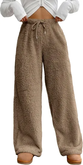 MakeMeChic Women's Fuzzy Drawstring Teddy Trousers Wide Leg Pants Loungewear