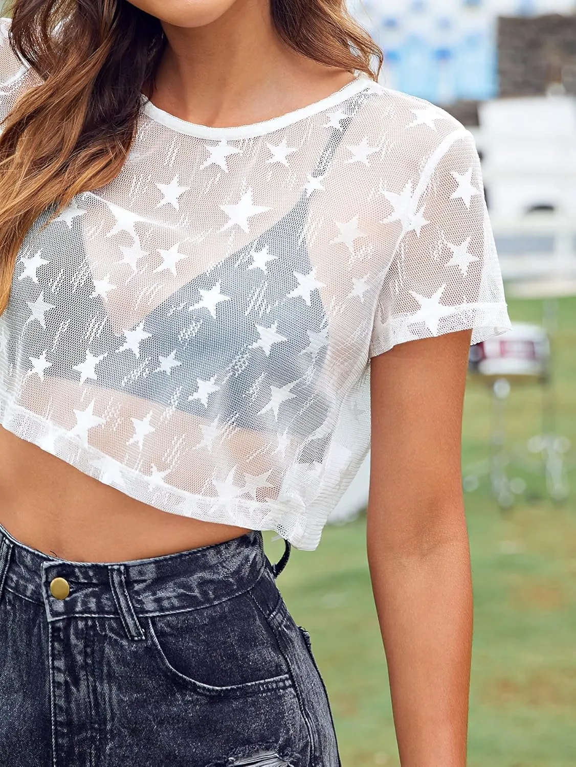 MakeMeChic Women's Star Sheer Mesh Crop Top Short Sleeve Cover Up