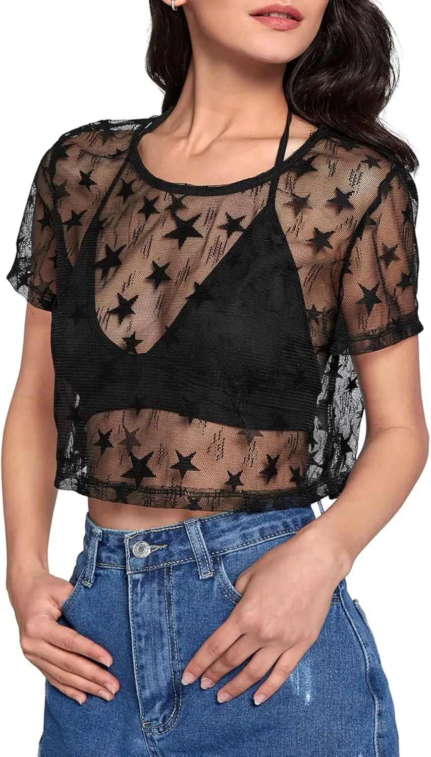 MakeMeChic Women's Star Sheer Mesh Crop Top Short Sleeve Cover Up
