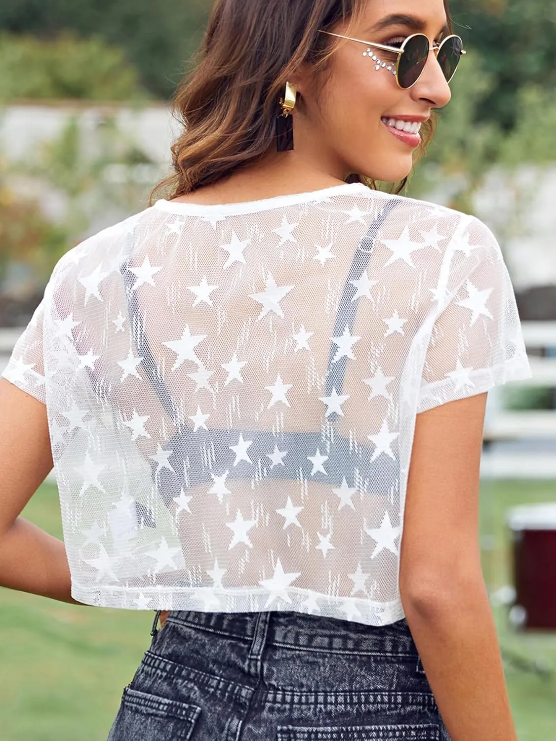 MakeMeChic Women's Star Sheer Mesh Crop Top Short Sleeve Cover Up