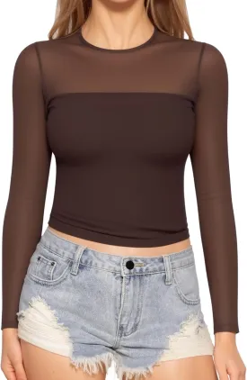 MANGOPOP Women's Mesh Long Sleeve Tops Crewneck Sexy Sheer T Shirts Slim Fitted Going Out Top Tee