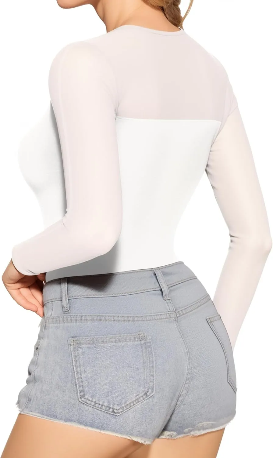 MANGOPOP Women's Mesh Long Sleeve Tops Crewneck Sexy Sheer T Shirts Slim Fitted Going Out Top Tee