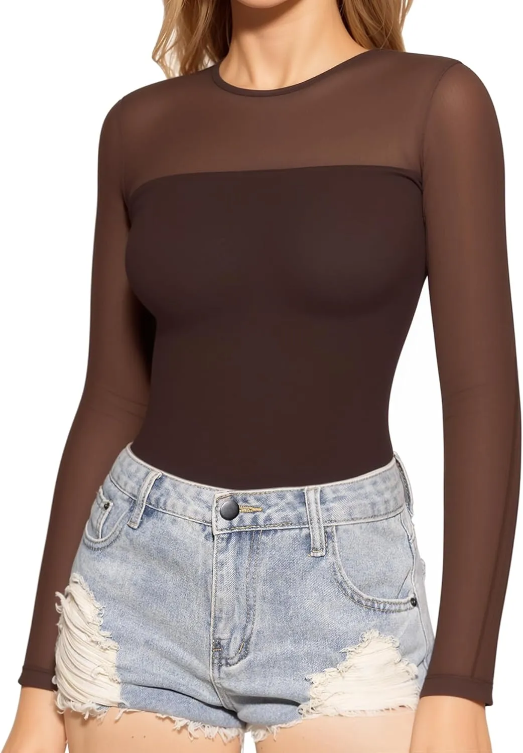 MANGOPOP Women's Mesh Long Sleeve Tops Crewneck Sexy Sheer T Shirts Slim Fitted Going Out Top Tee