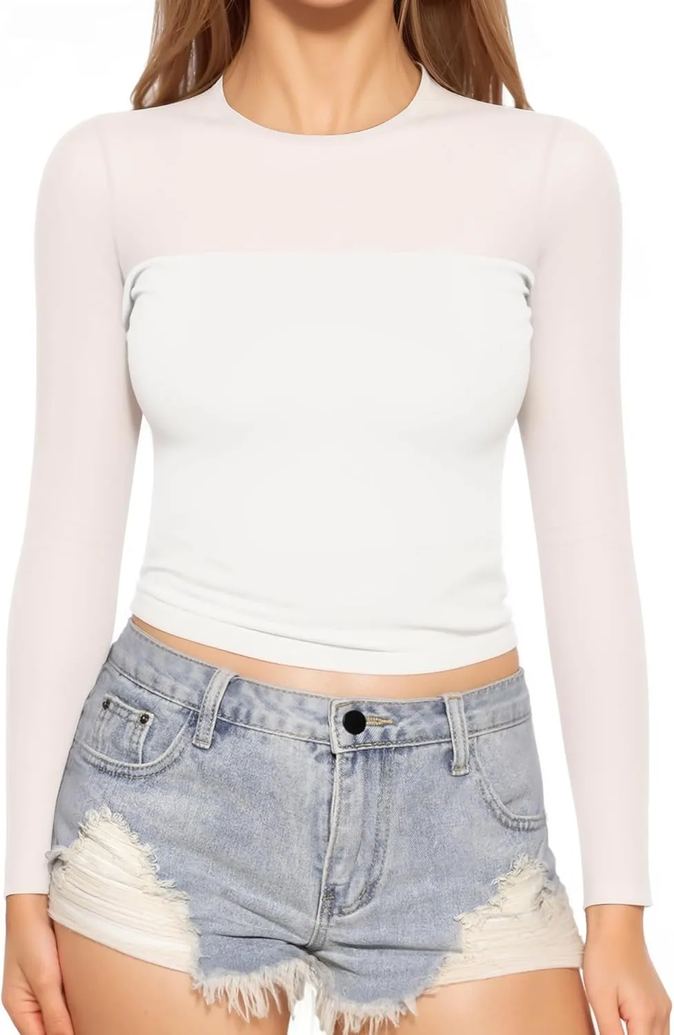 MANGOPOP Women's Mesh Long Sleeve Tops Crewneck Sexy Sheer T Shirts Slim Fitted Going Out Top Tee