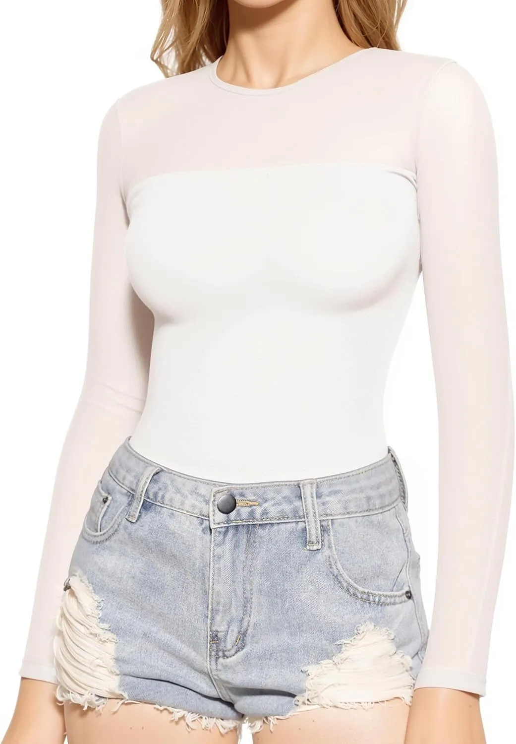 MANGOPOP Women's Mesh Long Sleeve Tops Crewneck Sexy Sheer T Shirts Slim Fitted Going Out Top Tee