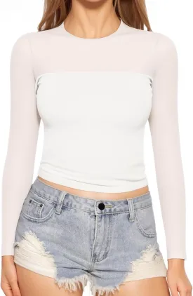 MANGOPOP Women's Mesh Long Sleeve Tops Crewneck Sexy Sheer T Shirts Slim Fitted Going Out Top Tee