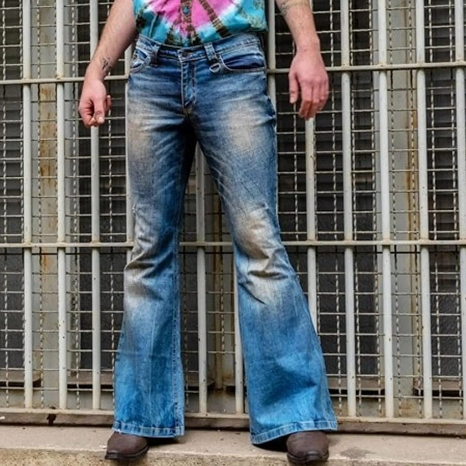 Men's Classic Disco Retro Flared Denim Pants Vintage Relaxed Bell Bottom Jeans 60s 70s Stretch Jean Trousers
