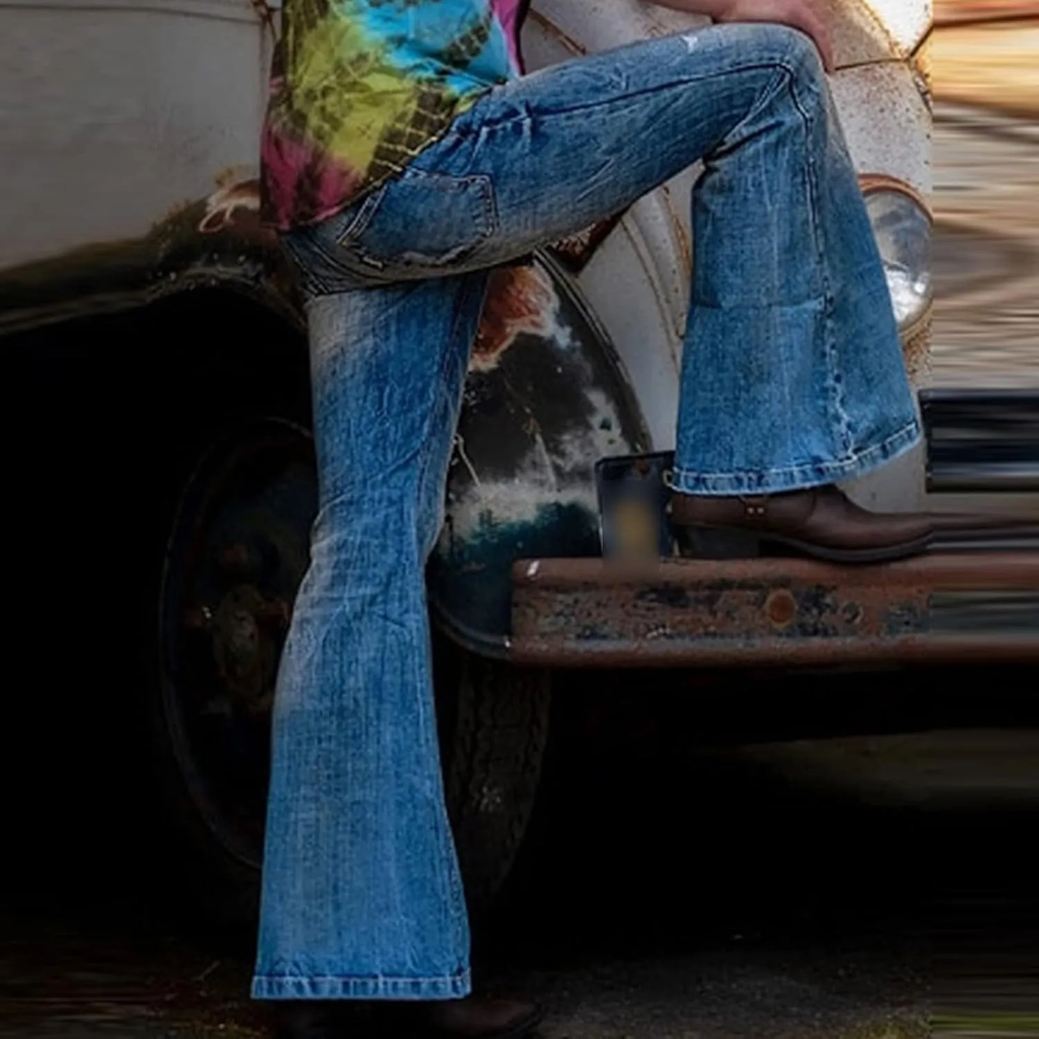 Men's Classic Disco Retro Flared Denim Pants Vintage Relaxed Bell Bottom Jeans 60s 70s Stretch Jean Trousers
