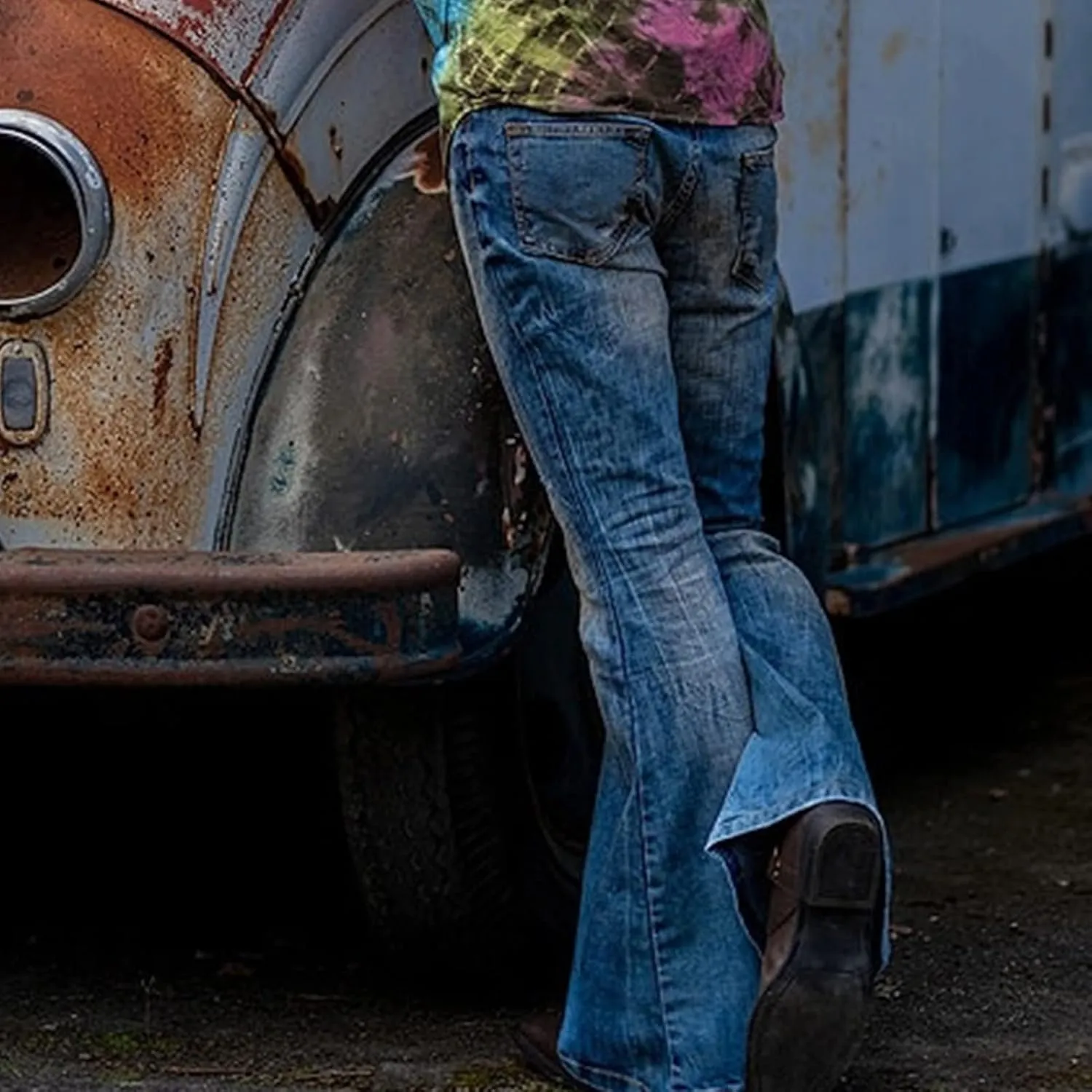 Men's Classic Disco Retro Flared Denim Pants Vintage Relaxed Bell Bottom Jeans 60s 70s Stretch Jean Trousers