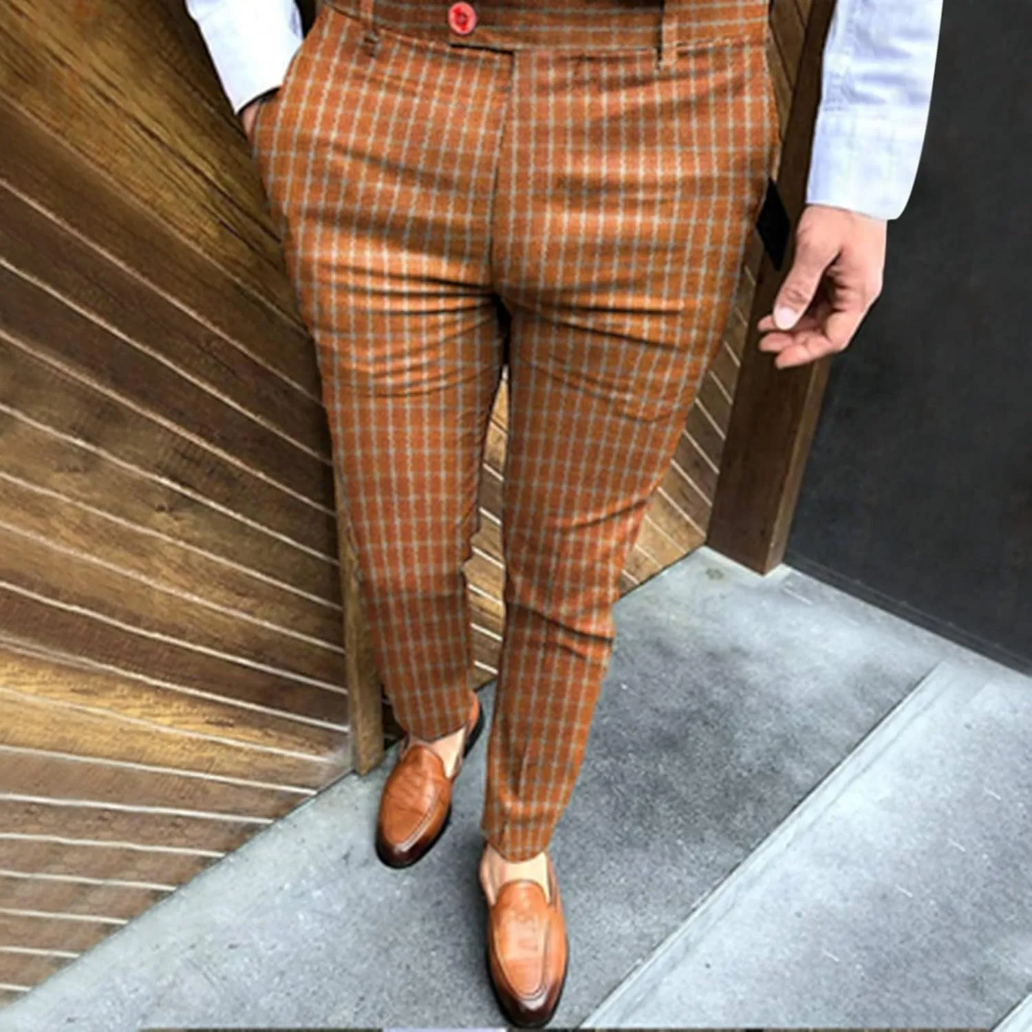 Mens Fashion Plaid Dress Pencil Pants Slim Fit Stretch Flat-Front Business Suit Pants Business Work Chinos Golf Pant