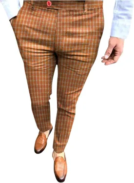 Mens Fashion Plaid Dress Pencil Pants Slim Fit Stretch Flat-Front Business Suit Pants Business Work Chinos Golf Pant