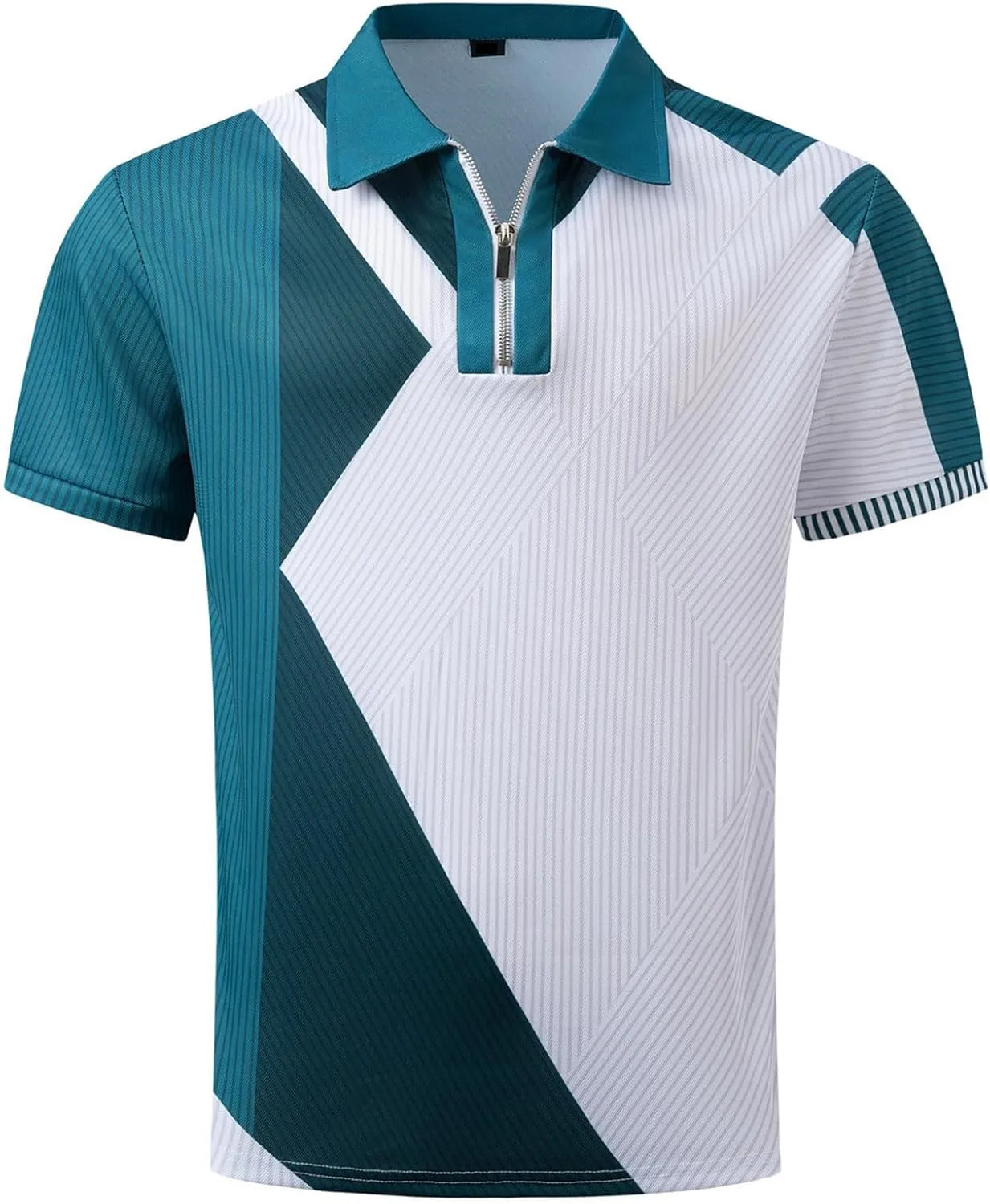 Men's Short Sleeve Polo Shirts Casual Zipper Collar T Shirt Contrast Color Patchwork Summer Golf Tops