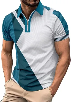 Men's Short Sleeve Polo Shirts Casual Zipper Collar T Shirt Contrast Color Patchwork Summer Golf Tops