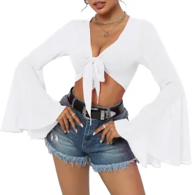 Mesh Tops for Women Bell Sleeve Rave Outfits Tie Front Crop Top Long Sleeve Shirt Sheer Blouse Festival