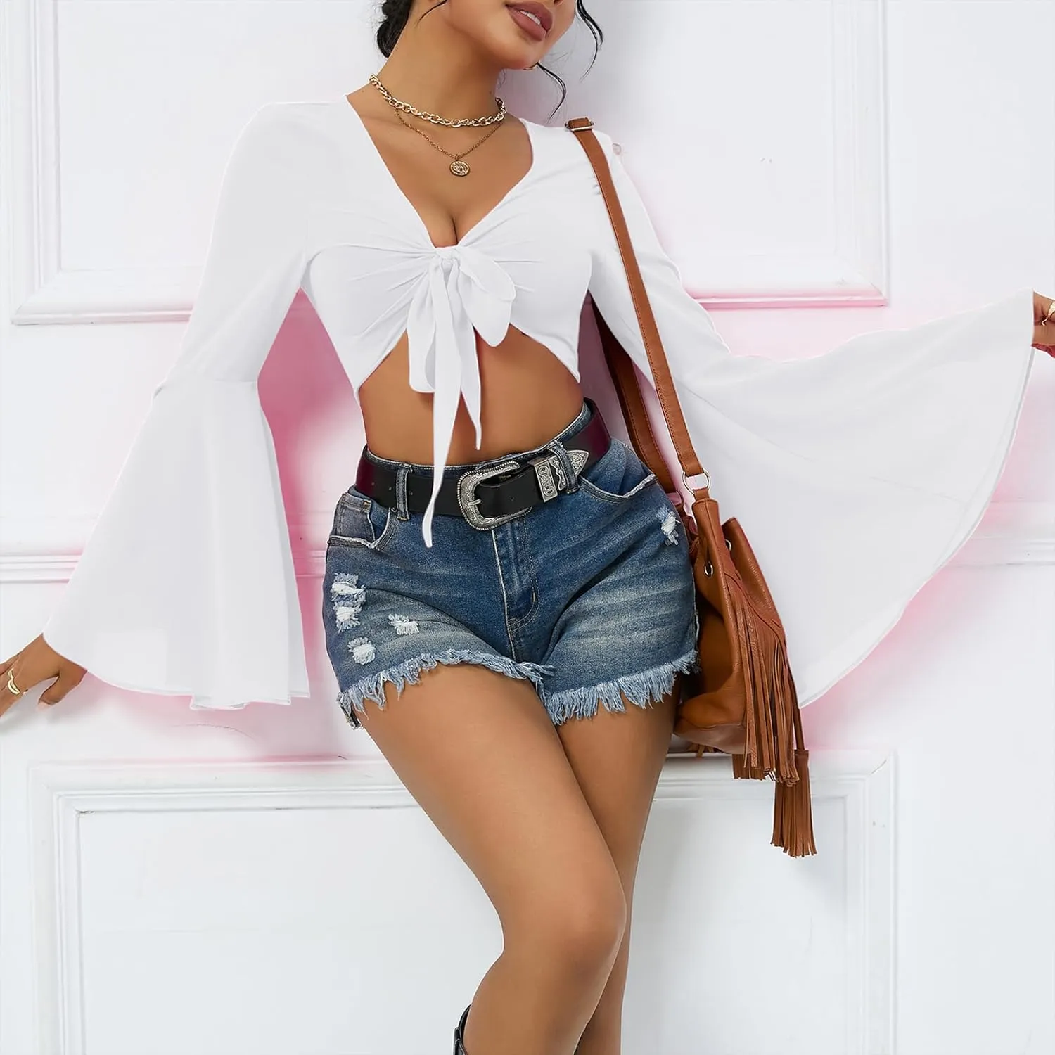 Mesh Tops for Women Bell Sleeve Rave Outfits Tie Front Crop Top Long Sleeve Shirt Sheer Blouse Festival