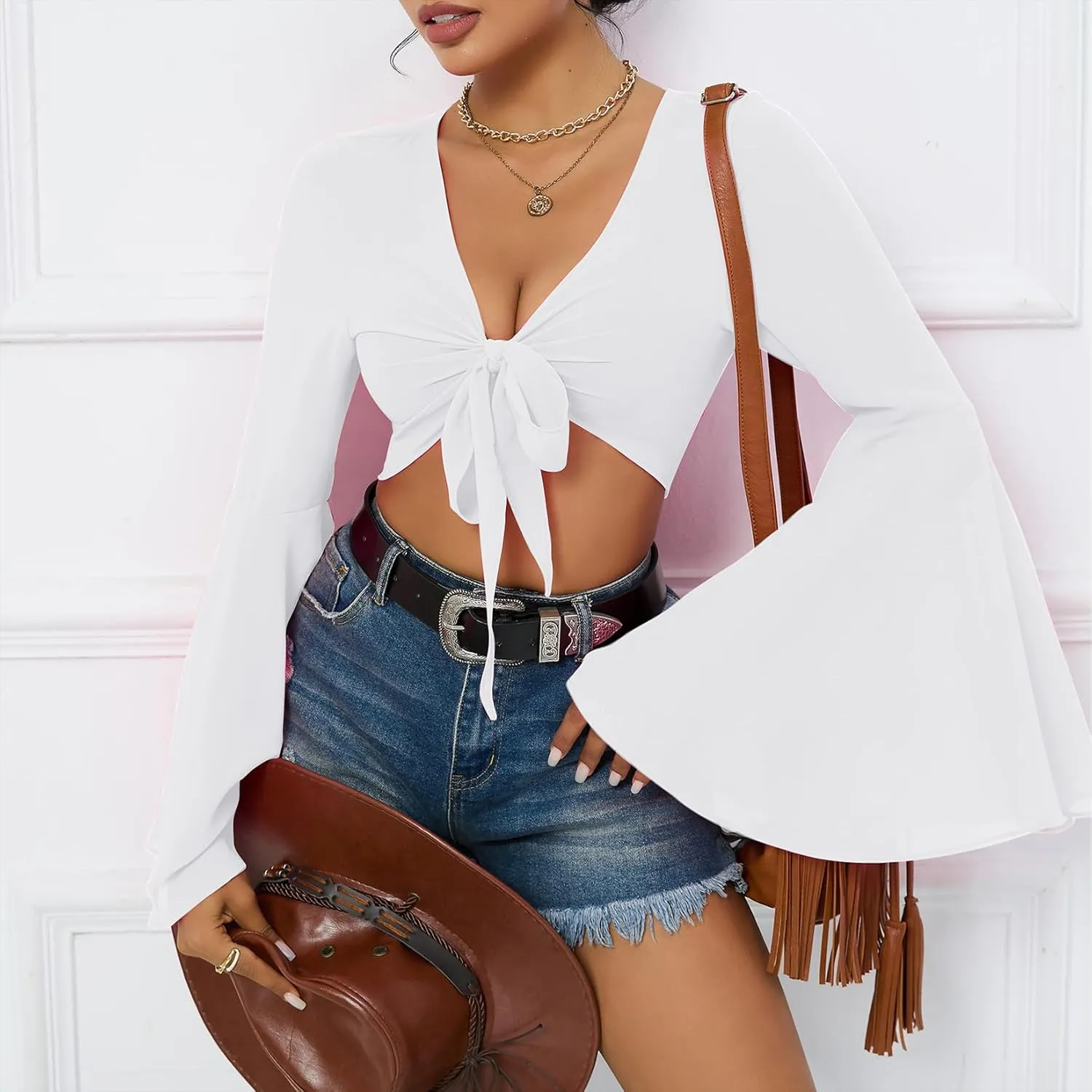 Mesh Tops for Women Bell Sleeve Rave Outfits Tie Front Crop Top Long Sleeve Shirt Sheer Blouse Festival